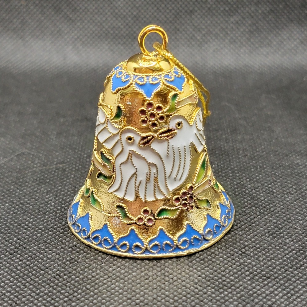 Cloisonne Enamel Copper Bell Ornament Dove Floral Gold Blue White